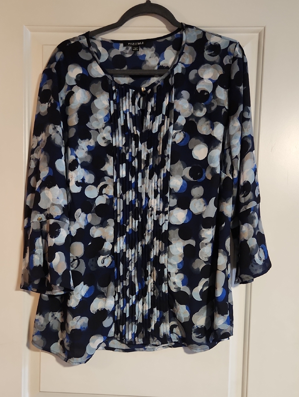 Roz & Ali Navy and Light Blue Pleated Front Blouse